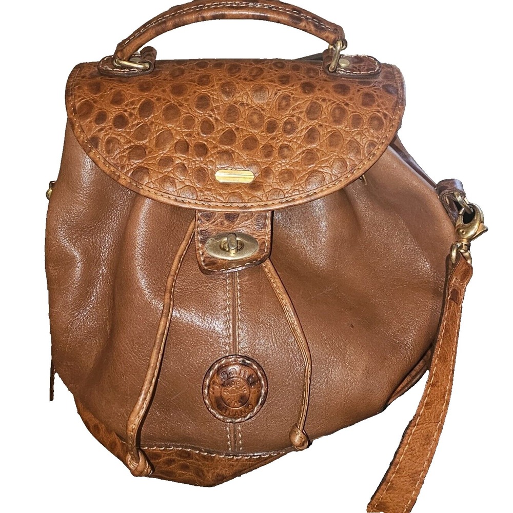 I Santi Milano Brown Italian Leather Drawstring Bucket Bag Croc Embossed Small